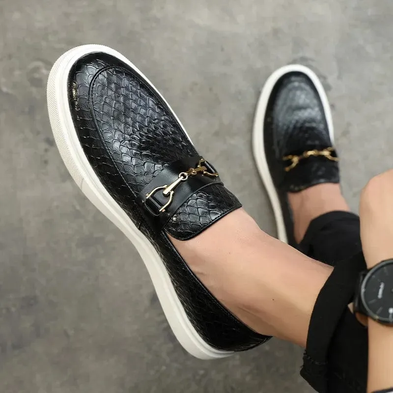 Embossed Leather Buckle Loafers: Luxury Men's Casual Slip-on Flats
