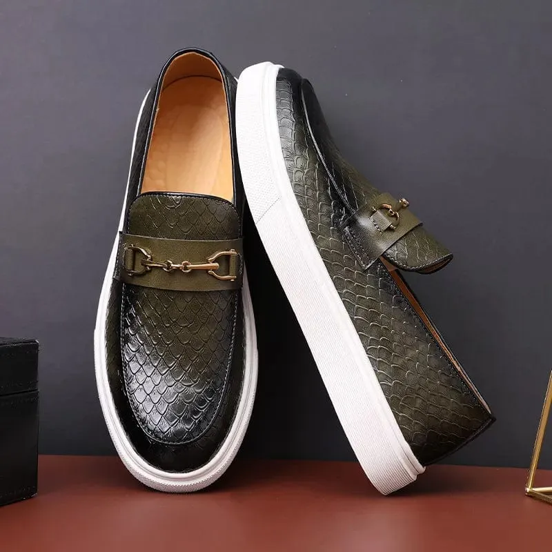 Embossed Leather Buckle Loafers: Luxury Men's Casual Slip-on Flats