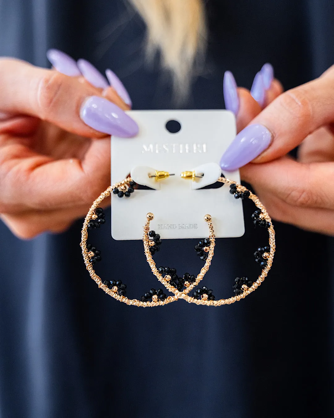 Gold and Black Beaded Open Hoop Earrings