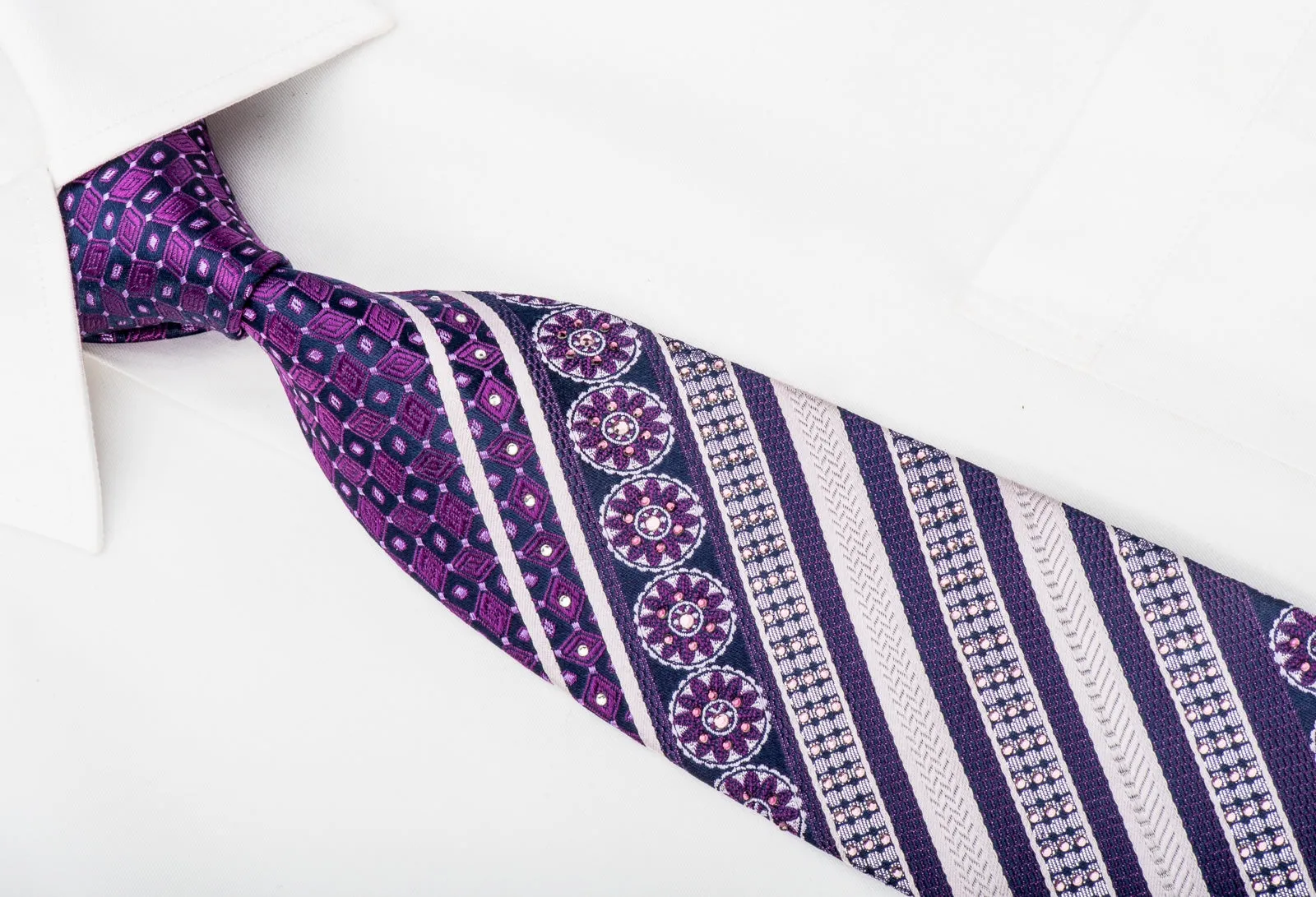 Indian Homme Rhinestone Silk Necktie Silver Striped On Purple With Sparkles