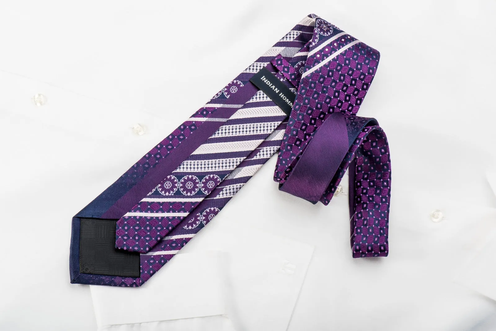 Indian Homme Rhinestone Silk Necktie Silver Striped On Purple With Sparkles