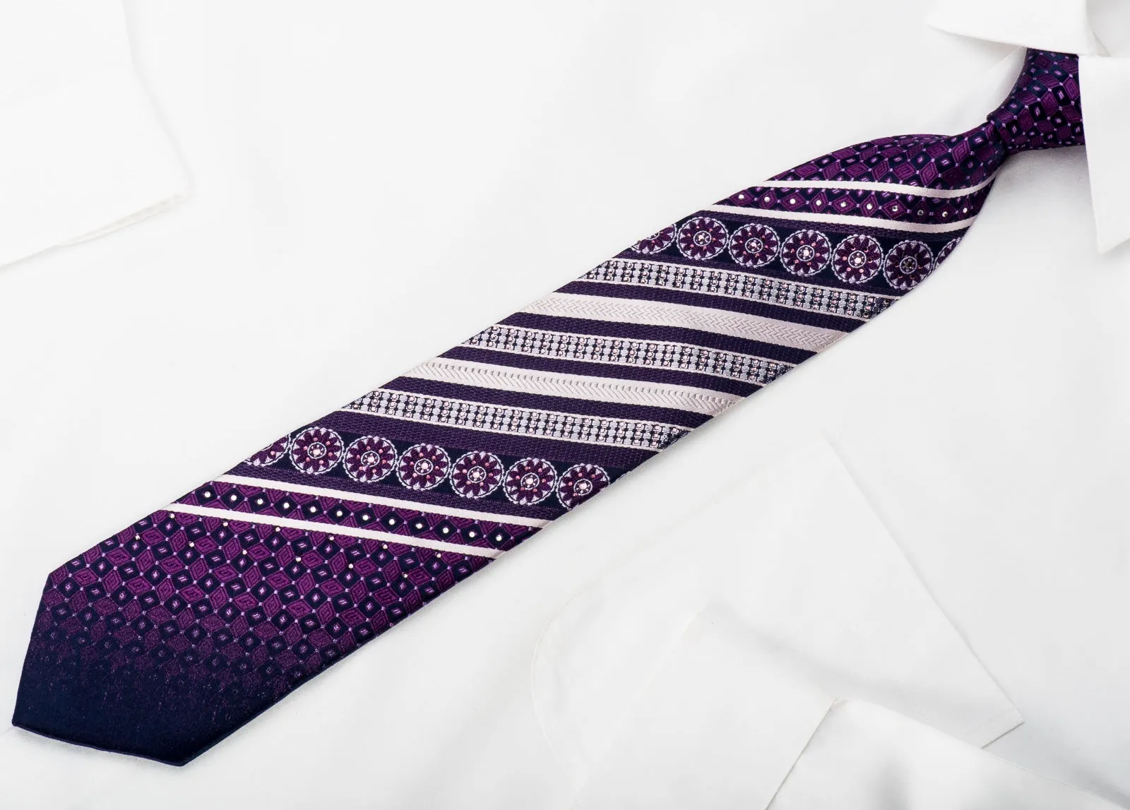Indian Homme Rhinestone Silk Necktie Silver Striped On Purple With Sparkles