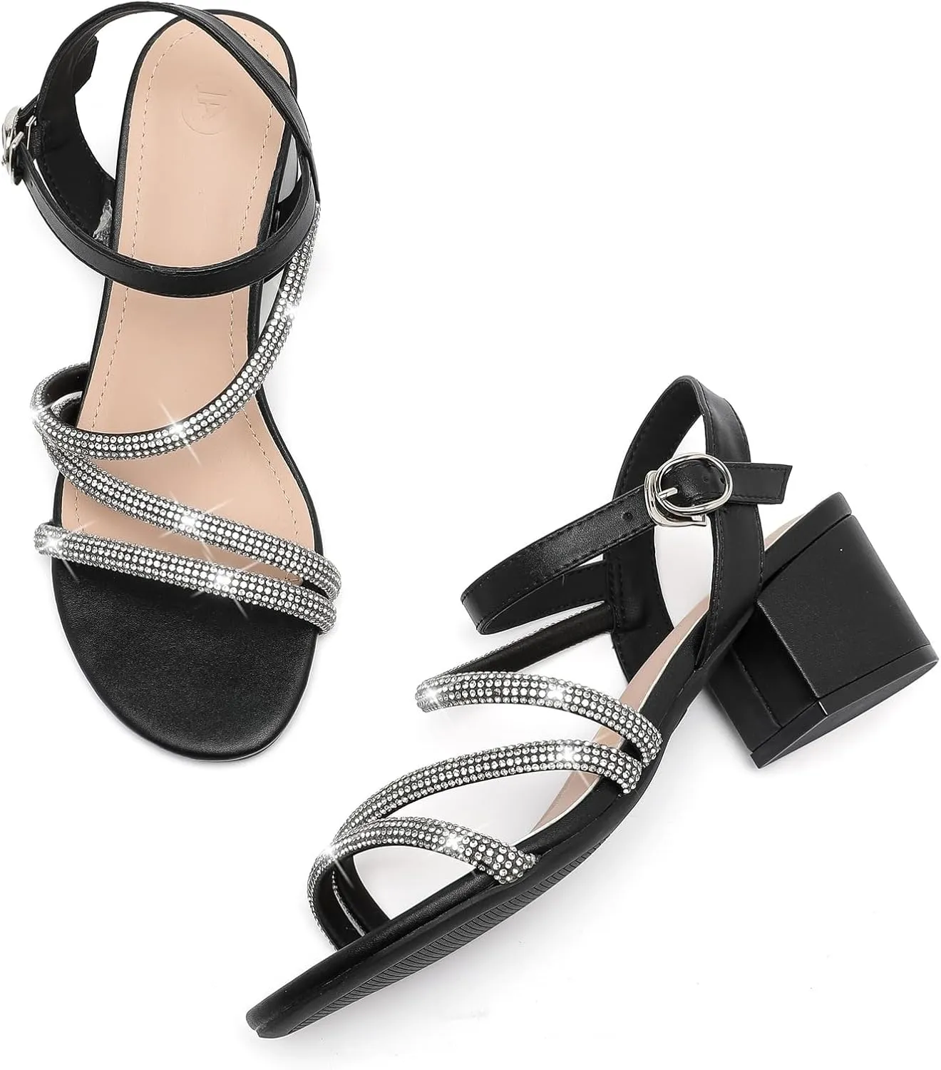 kkdom Women's Strappy Glitter Rhinestone Low Chunky Block Heel Sandals Open Toe Sparkle Bling Dress Shoes