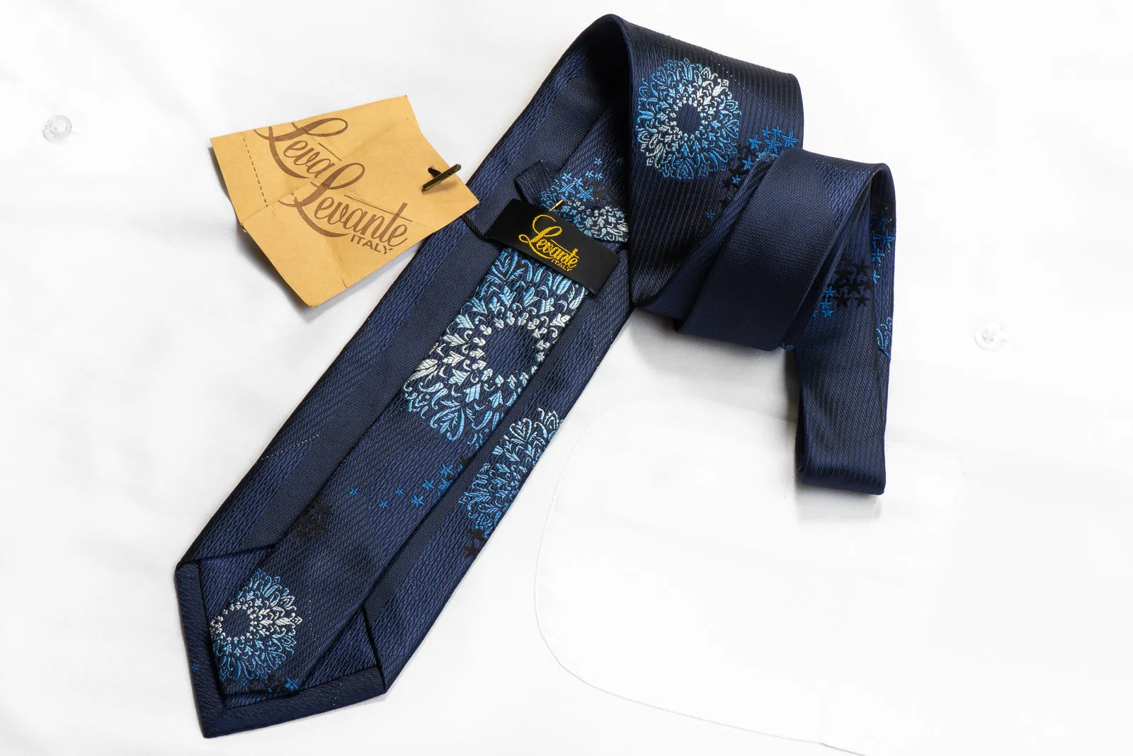 Levante Rhinestone Silk Necktie Cartouche Medallions On Navy