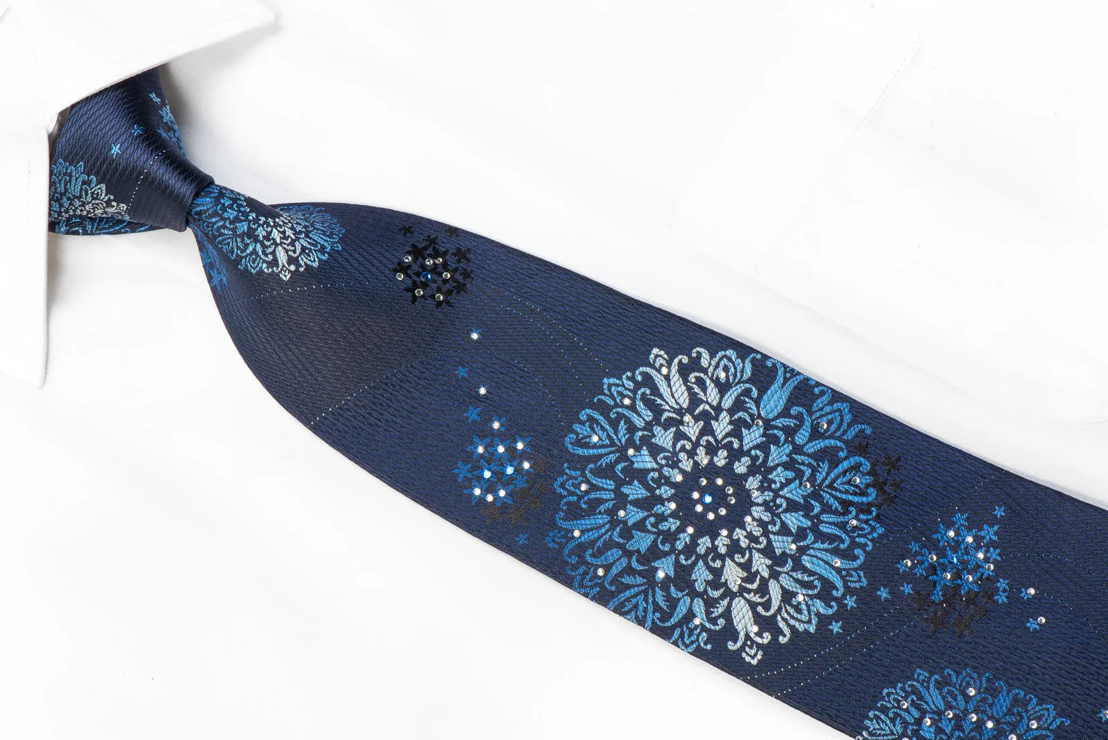 Levante Rhinestone Silk Necktie Cartouche Medallions On Navy
