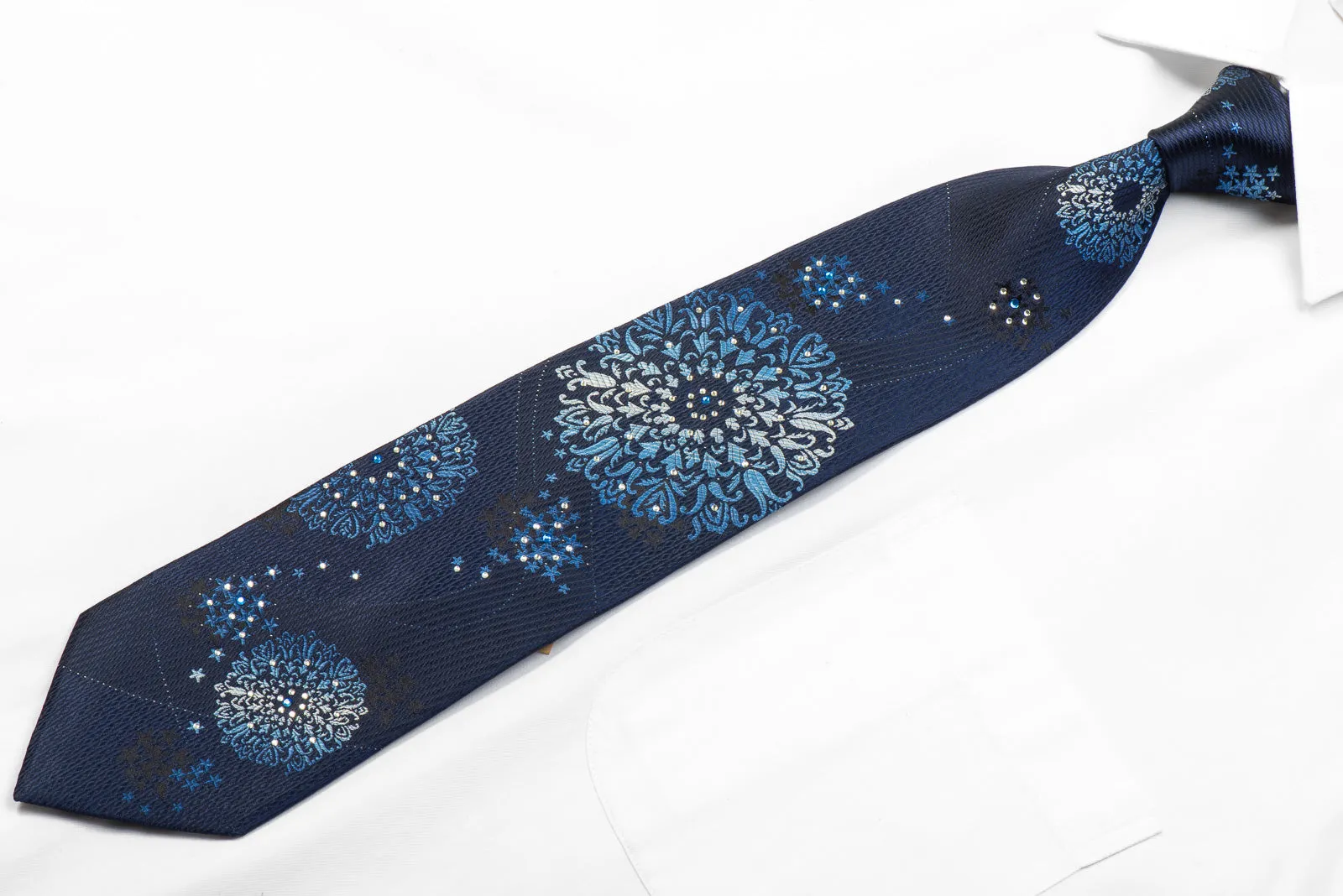 Levante Rhinestone Silk Necktie Cartouche Medallions On Navy