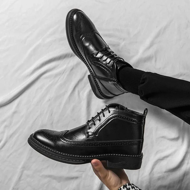 Men's Block Heel Brogue Combat Boots | Lace-Up with Side Zipper Design