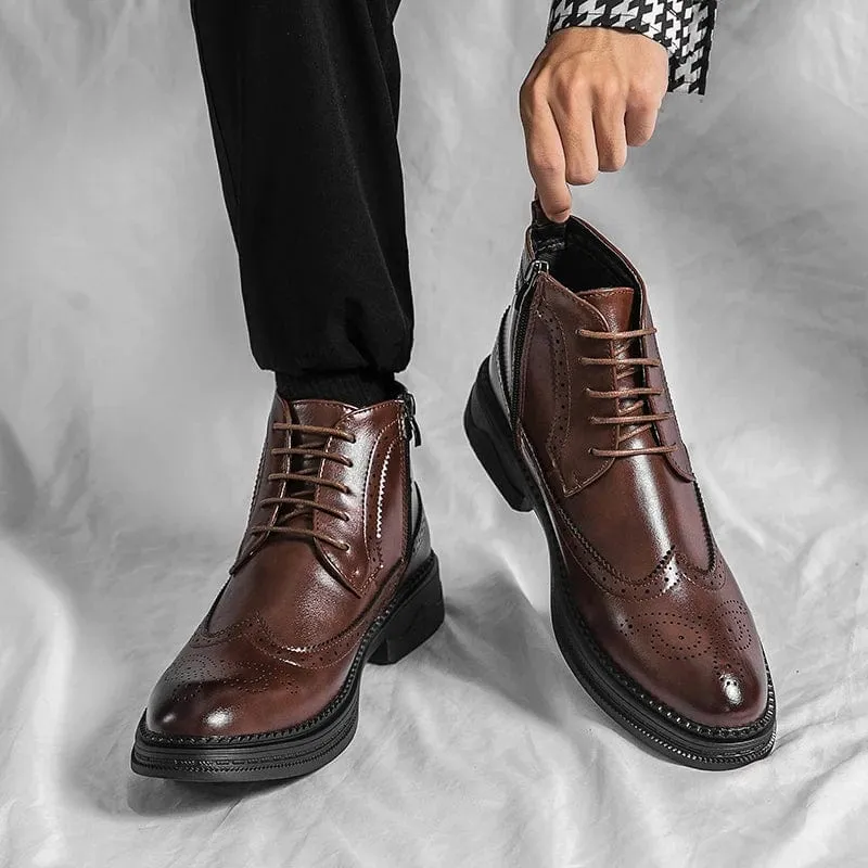 Men's Block Heel Brogue Combat Boots | Lace-Up with Side Zipper Design