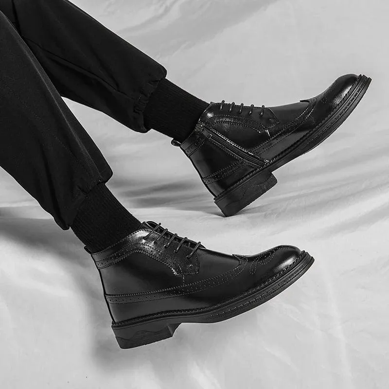 Men's Block Heel Brogue Combat Boots | Lace-Up with Side Zipper Design