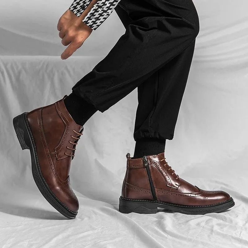 Men's Block Heel Brogue Combat Boots | Lace-Up with Side Zipper Design