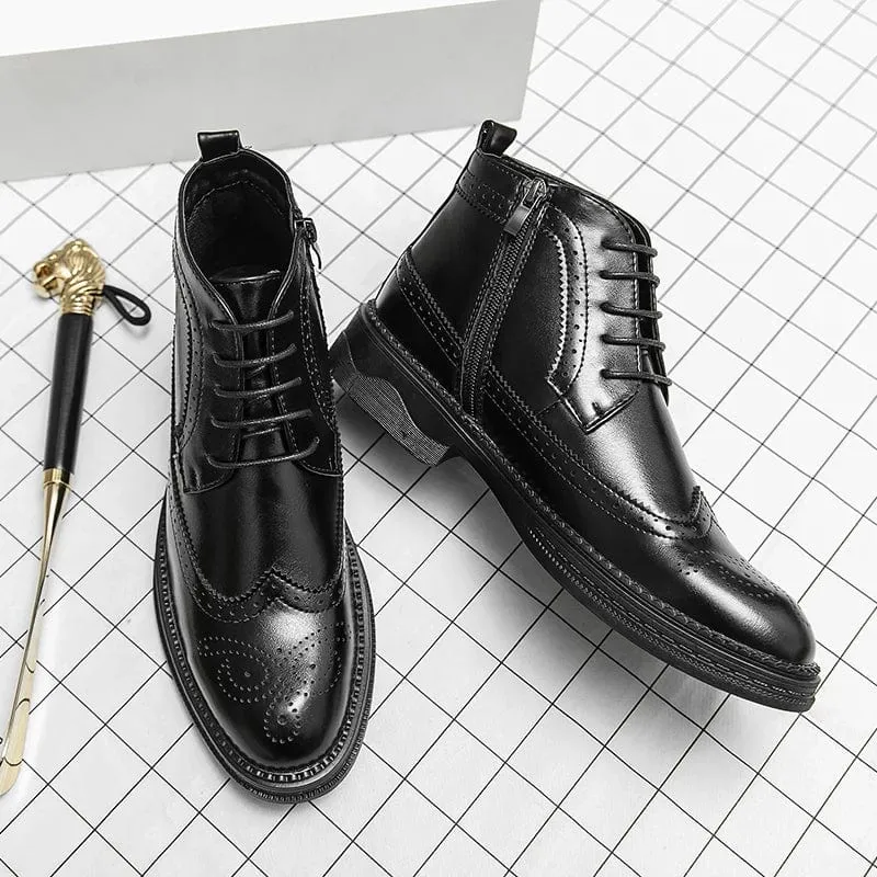 Men's Block Heel Brogue Combat Boots | Lace-Up with Side Zipper Design
