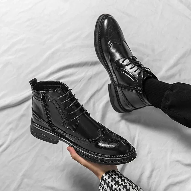 Men's Block Heel Brogue Combat Boots | Lace-Up with Side Zipper Design