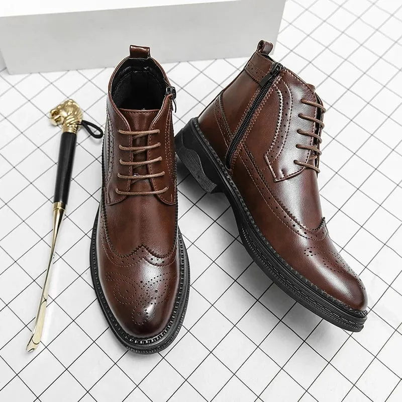 Men's Block Heel Brogue Combat Boots | Lace-Up with Side Zipper Design
