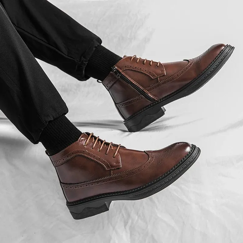 Men's Block Heel Brogue Combat Boots | Lace-Up with Side Zipper Design