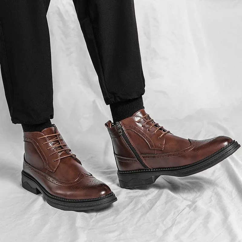 Men's Block Heel Brogue Combat Boots | Lace-Up with Side Zipper Design