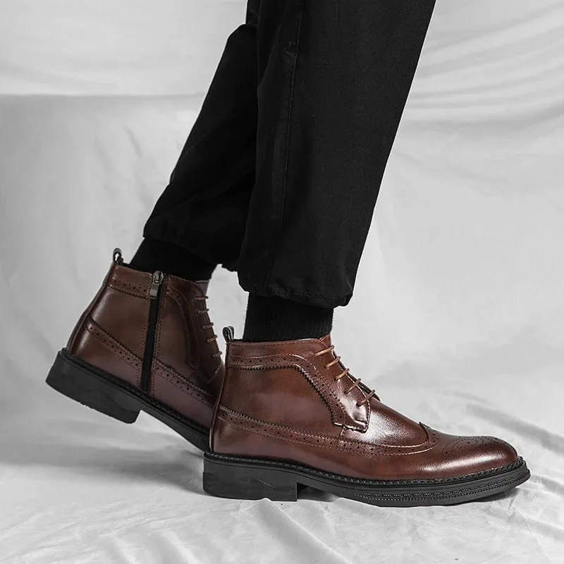Men's Block Heel Brogue Combat Boots | Lace-Up with Side Zipper Design