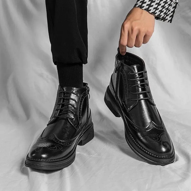 Men's Block Heel Brogue Combat Boots | Lace-Up with Side Zipper Design