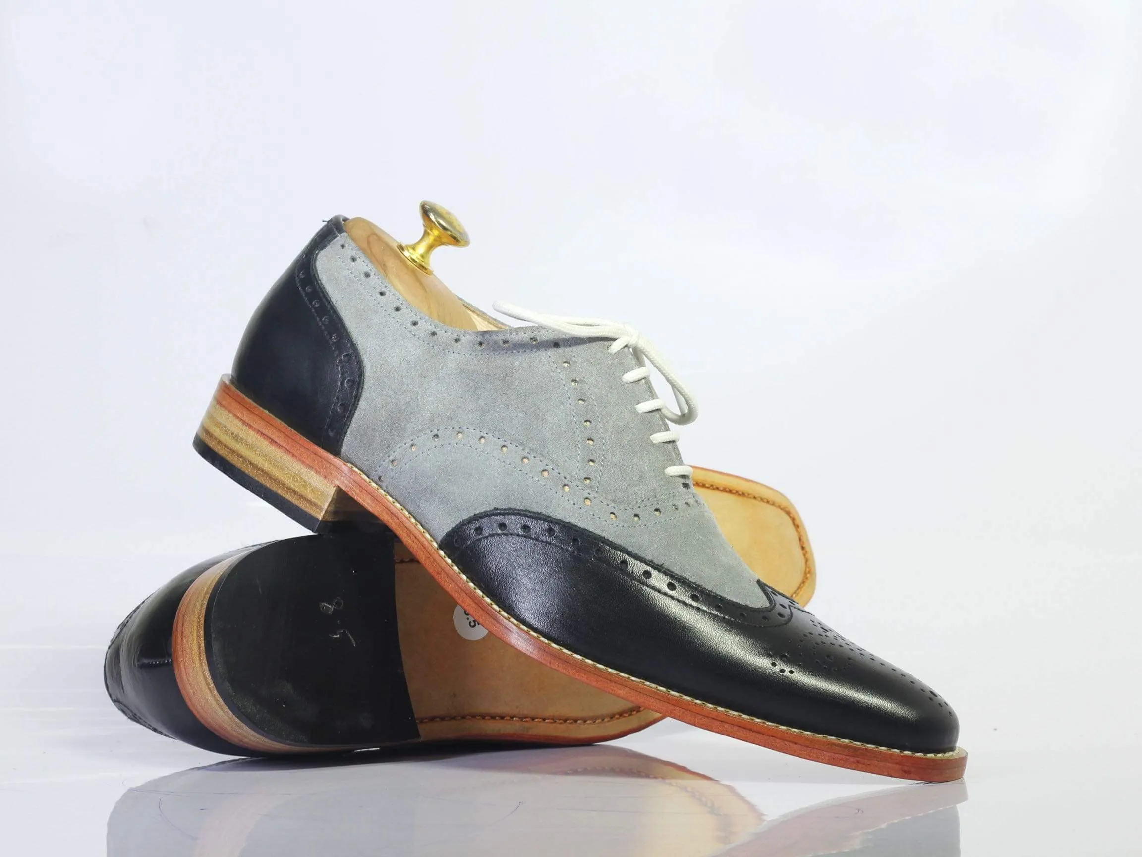 Men's Gray Black Wing tip Lace Up Leather Shoe