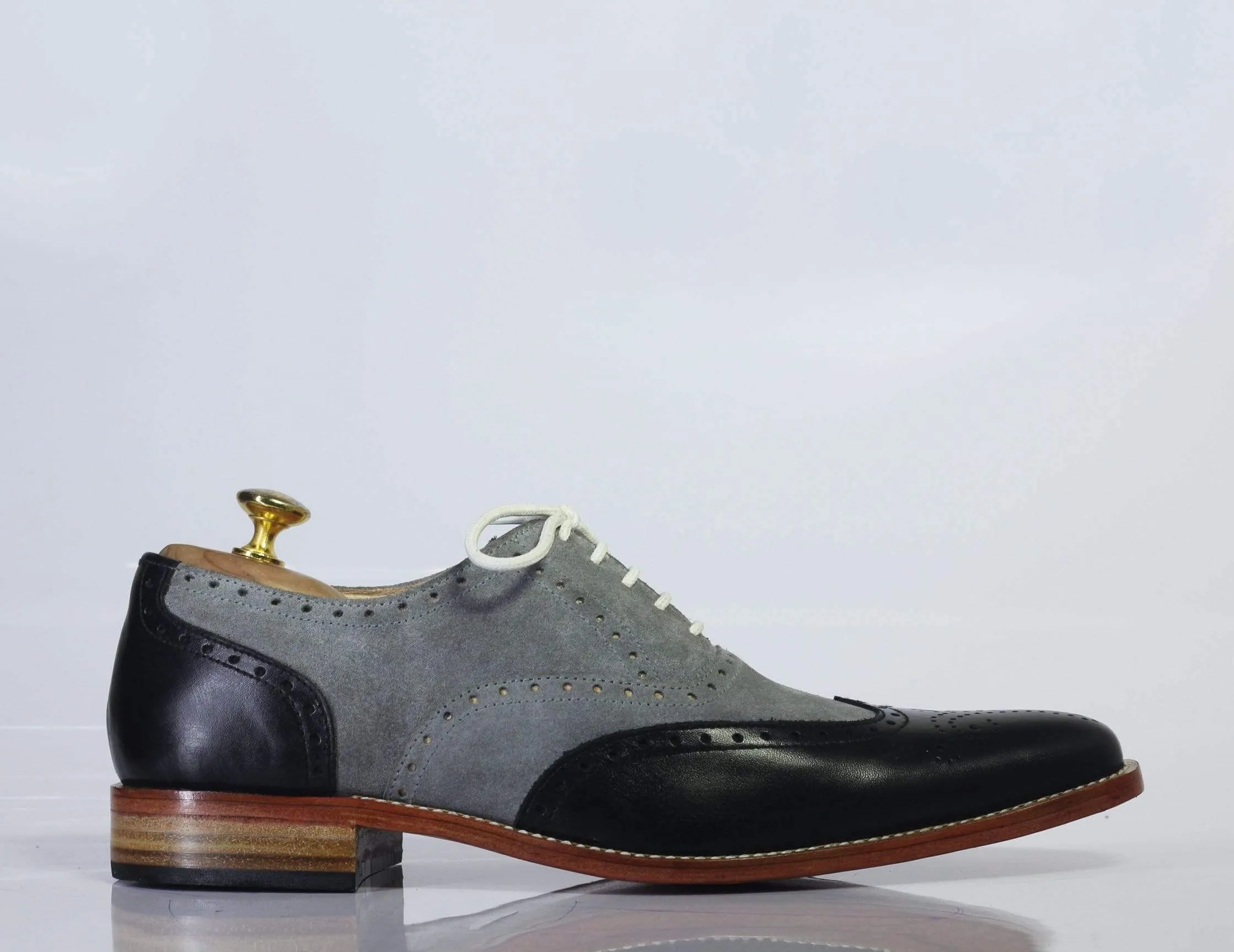 Men's Gray Black Wing tip Lace Up Leather Shoe