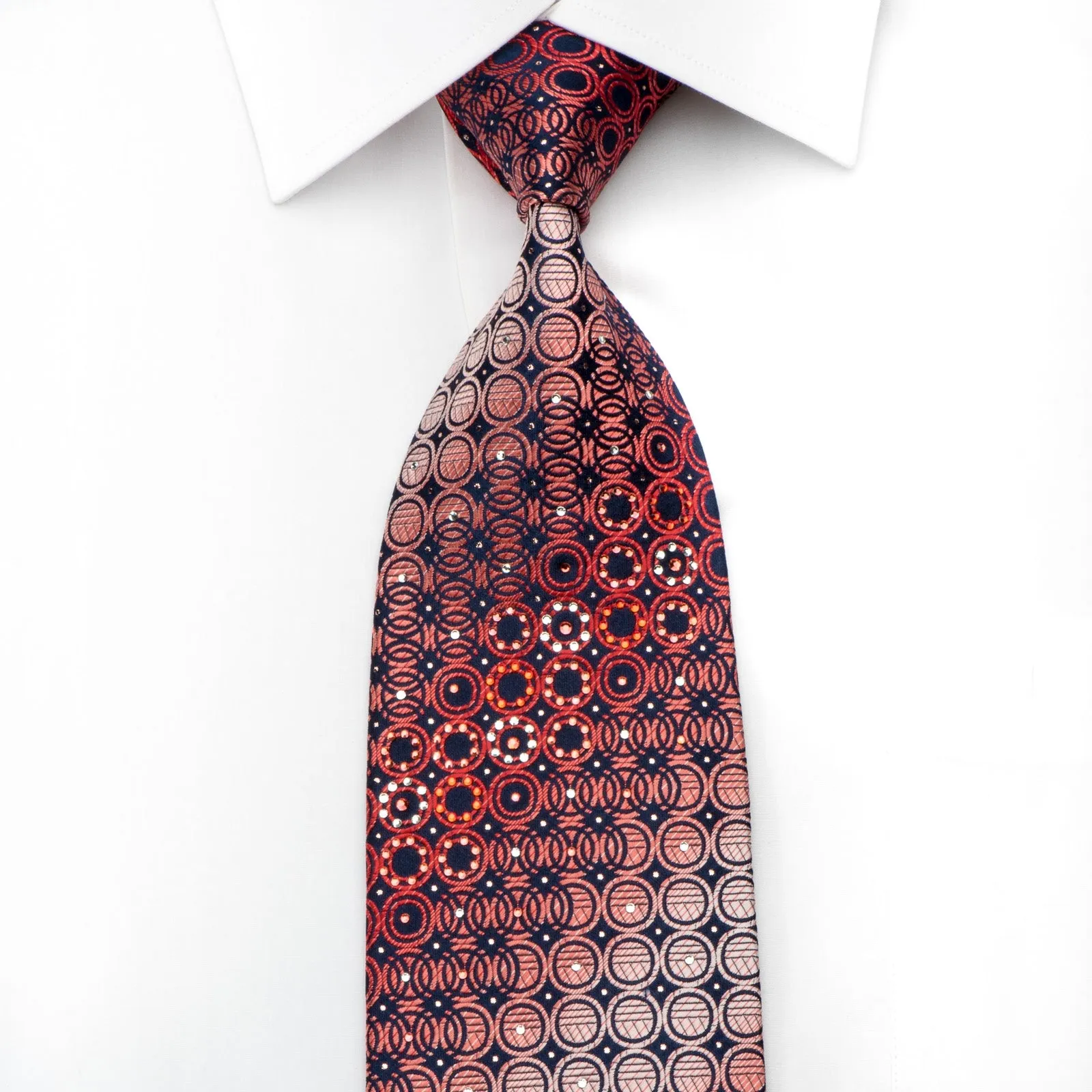 Men's Rhinestone Necktie Burgundy Geometric Circles On Navy With Sparkles