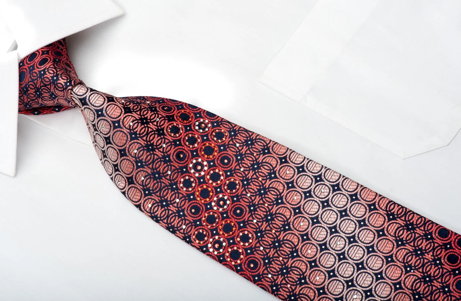 Men's Rhinestone Necktie Burgundy Geometric Circles On Navy With Sparkles