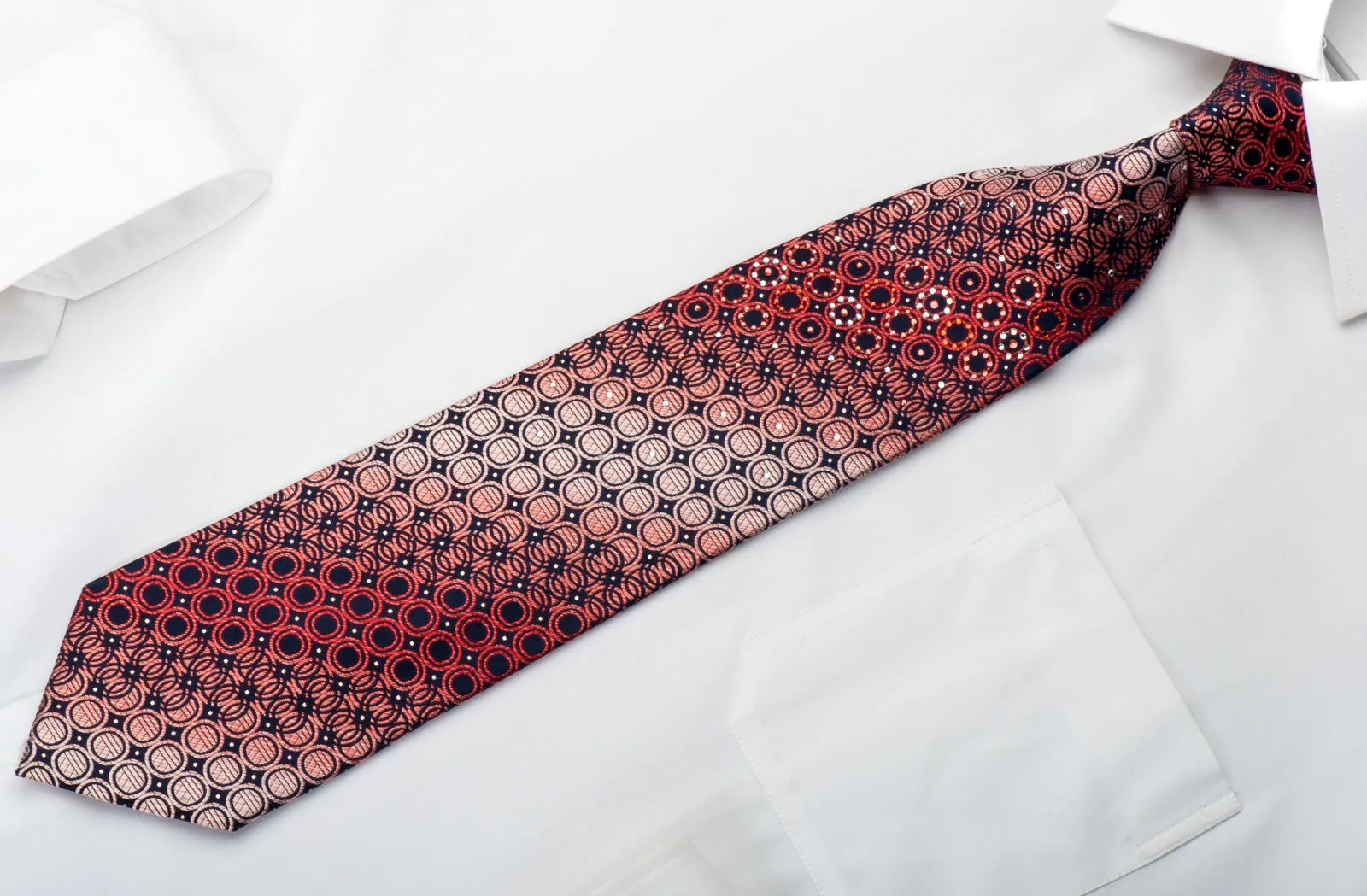 Men's Rhinestone Necktie Burgundy Geometric Circles On Navy With Sparkles