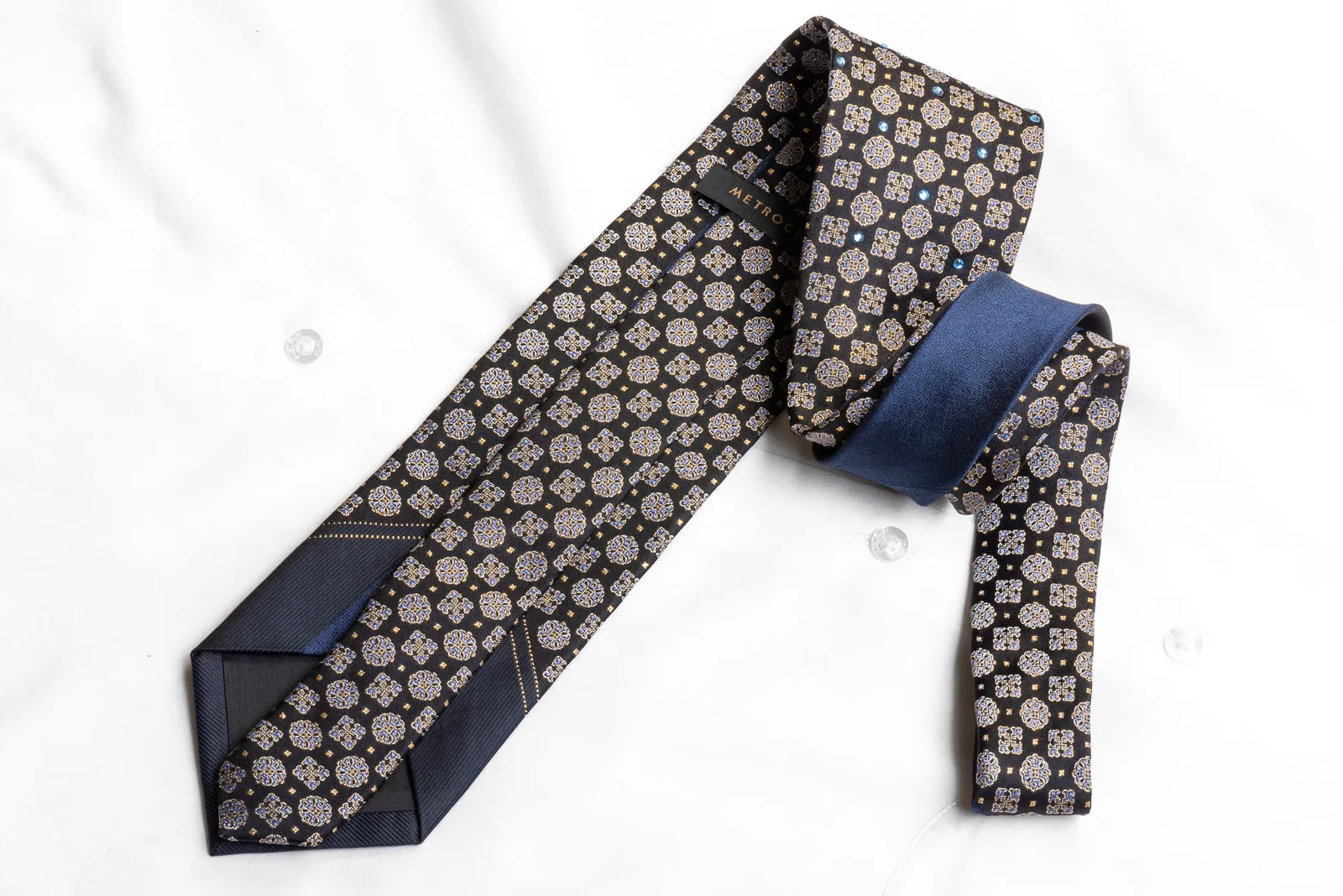 Men's Rhinestone Necktie Cartouche On Black With Gold Sparkles