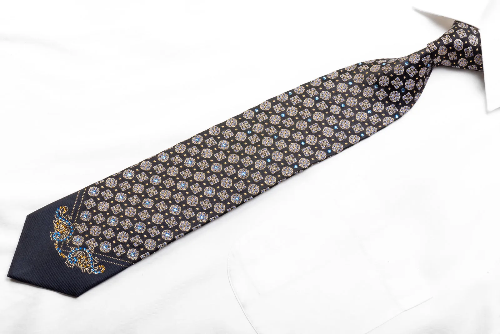 Men's Rhinestone Necktie Cartouche On Black With Gold Sparkles