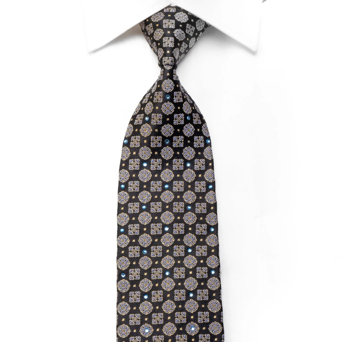 Men's Rhinestone Necktie Cartouche On Black With Gold Sparkles
