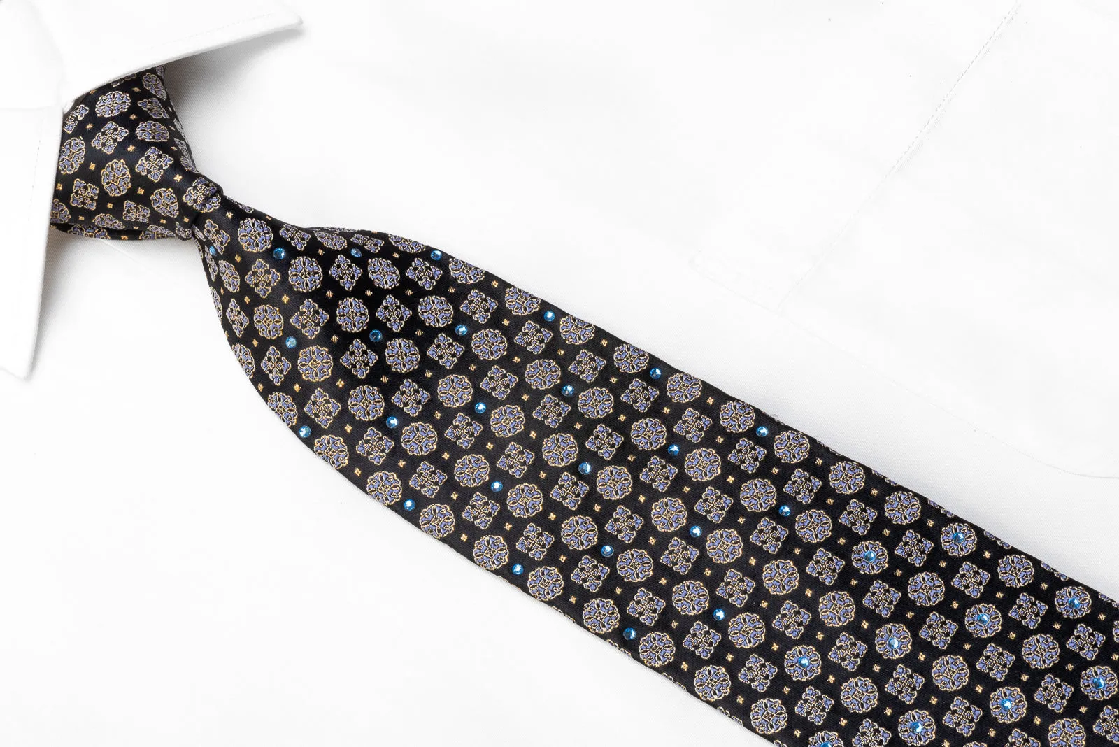 Men's Rhinestone Necktie Cartouche On Black With Gold Sparkles