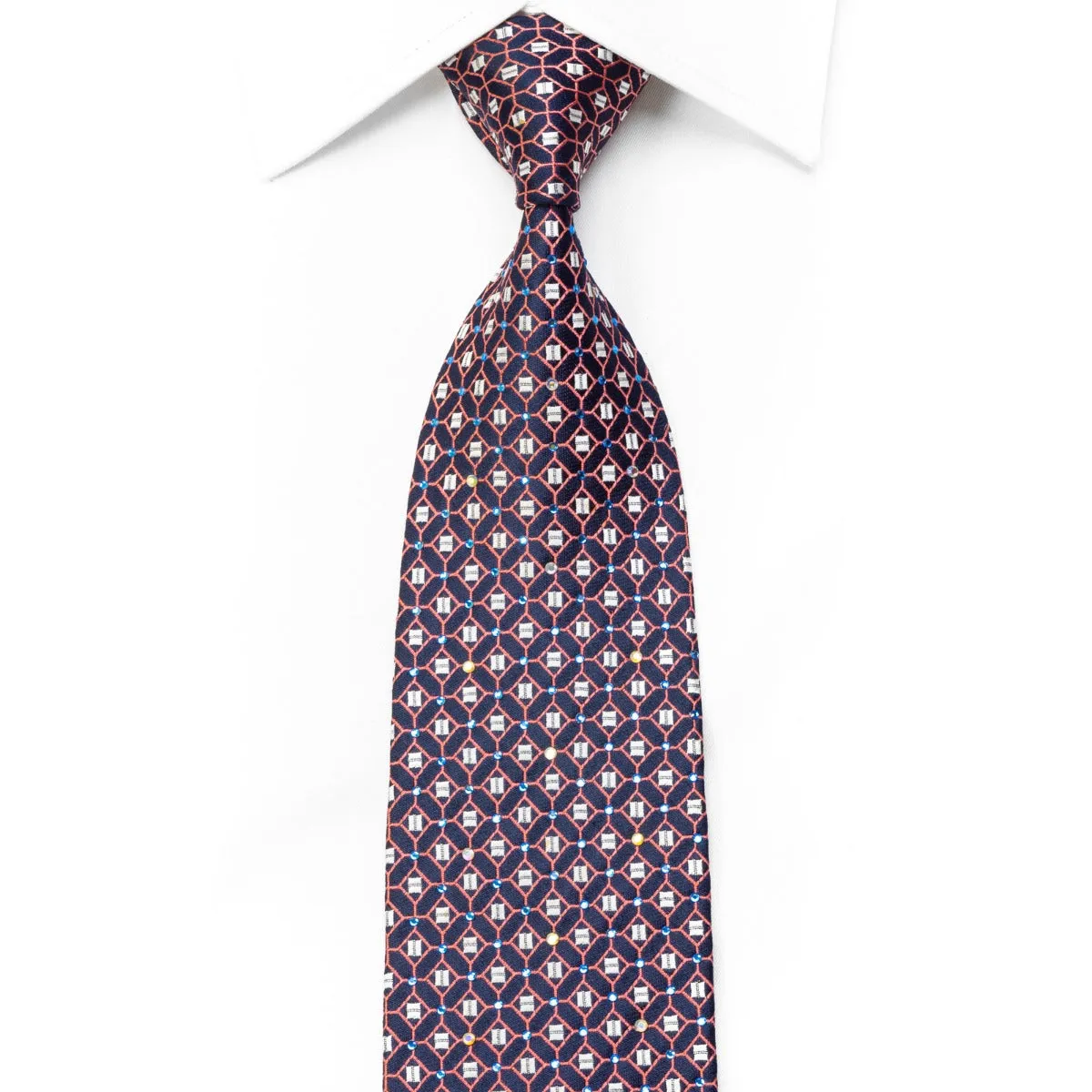 Metro City Men's Rhinestone Necktie Pink Trellis On Navy With Silver Sparkles