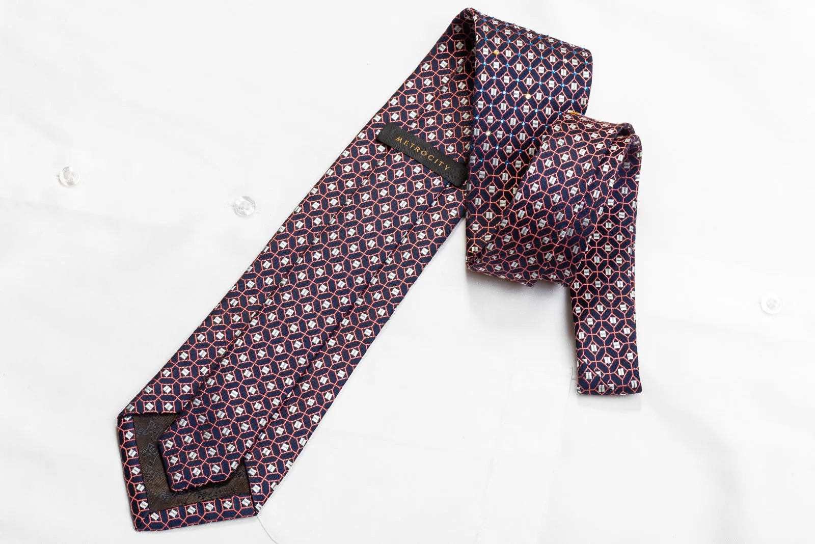 Metro City Men's Rhinestone Necktie Pink Trellis On Navy With Silver Sparkles