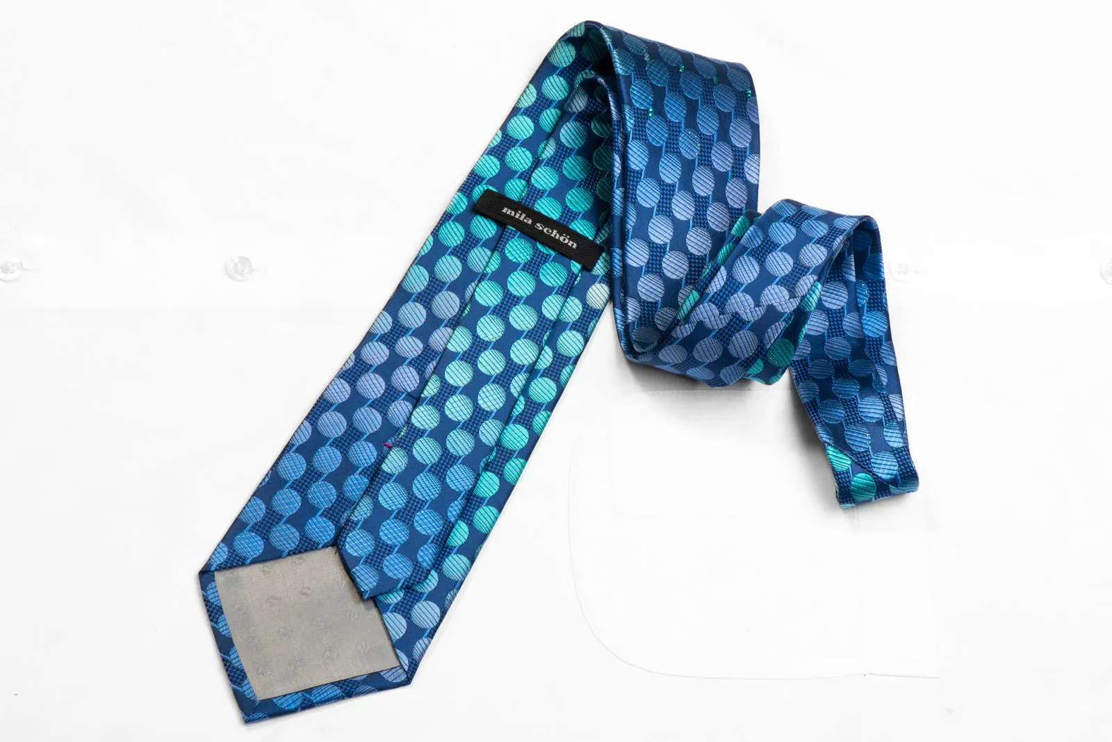 Mila Schon Rhinestone Silk Necktie Teal Geometric On Blue With Sparkles