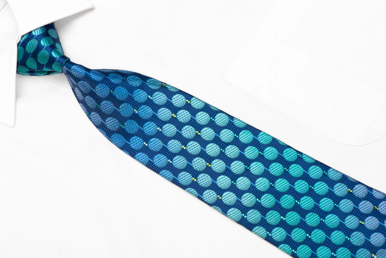Mila Schon Rhinestone Silk Necktie Teal Geometric On Blue With Sparkles