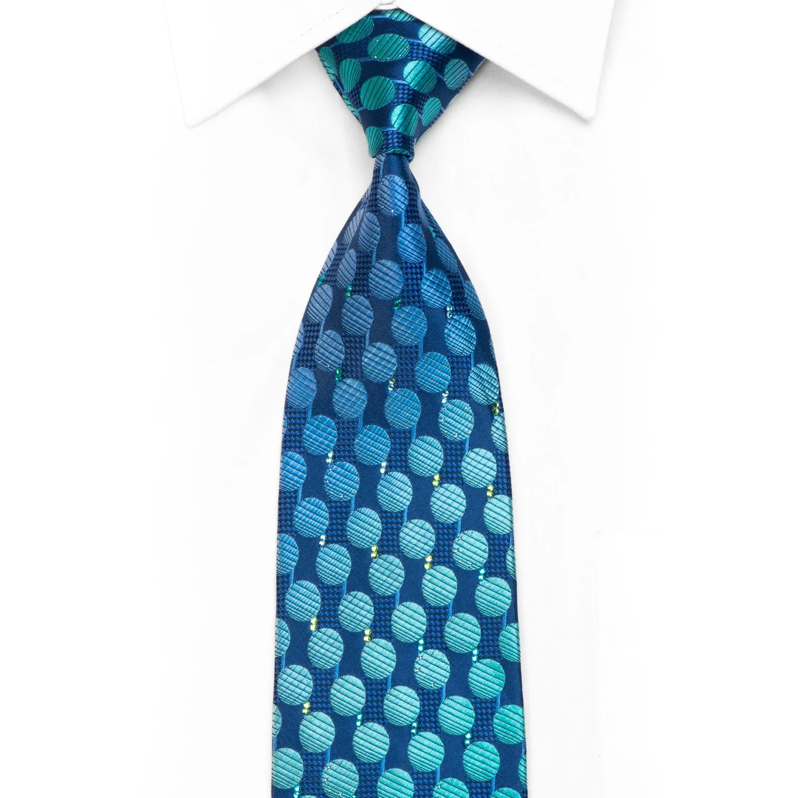 Mila Schon Rhinestone Silk Necktie Teal Geometric On Blue With Sparkles