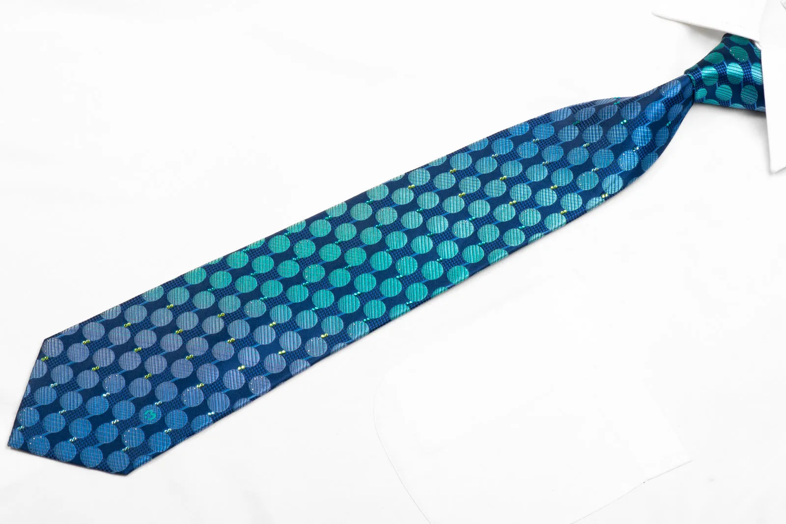 Mila Schon Rhinestone Silk Necktie Teal Geometric On Blue With Sparkles