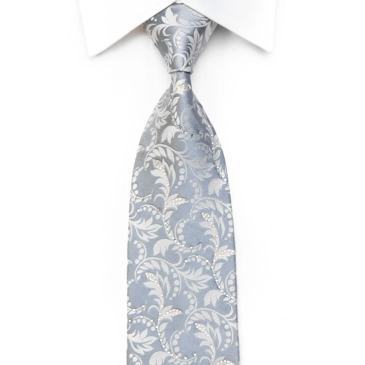 Nicole St Giles Men's Crystal Necktie Acanthus Scrolls On Silver Silk