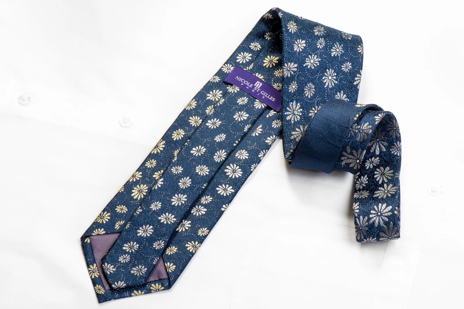 Nicole St Giles Rhinestone Tie Silver Floral On Blue With Sparkles
