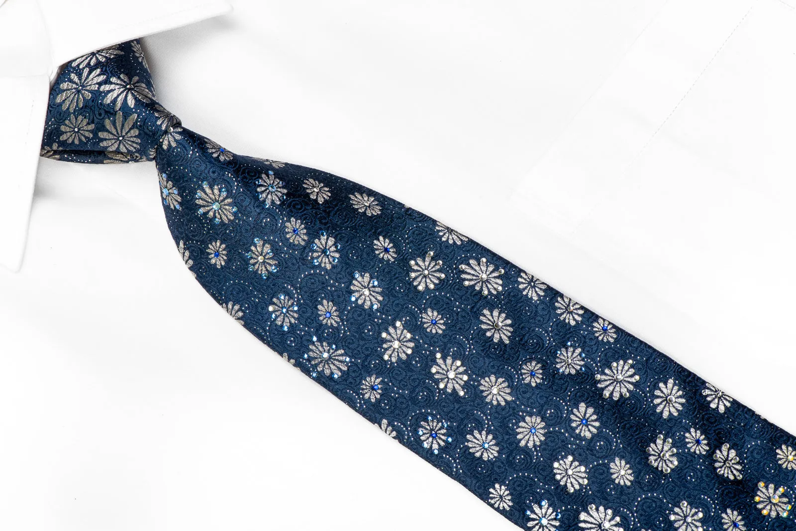 Nicole St Giles Rhinestone Tie Silver Floral On Blue With Sparkles