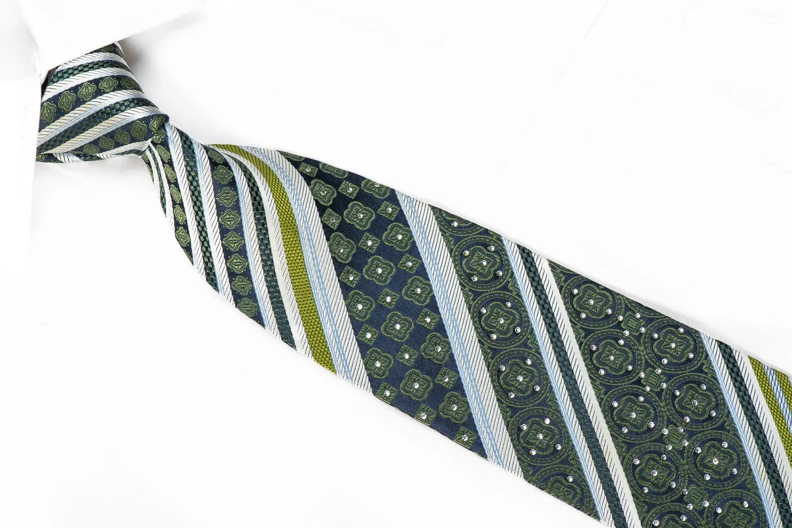 Nina Ricci Men's Crystal Rhinestone Silk Tie Silver Green Striped On Navy