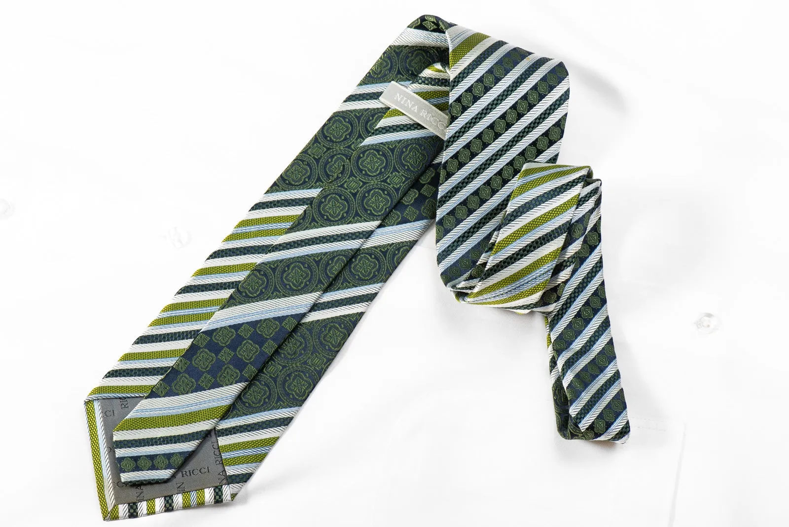 Nina Ricci Men's Crystal Rhinestone Silk Tie Silver Green Striped On Navy