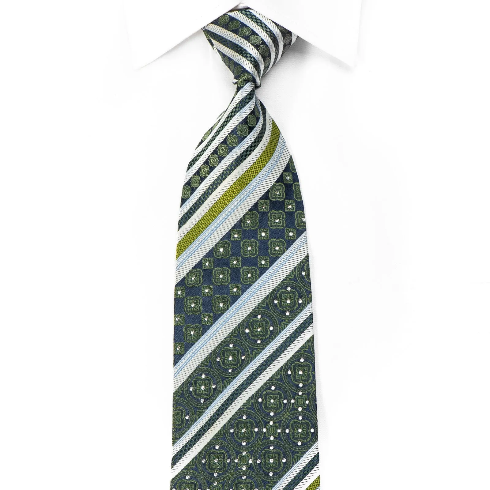Nina Ricci Men's Crystal Rhinestone Silk Tie Silver Green Striped On Navy