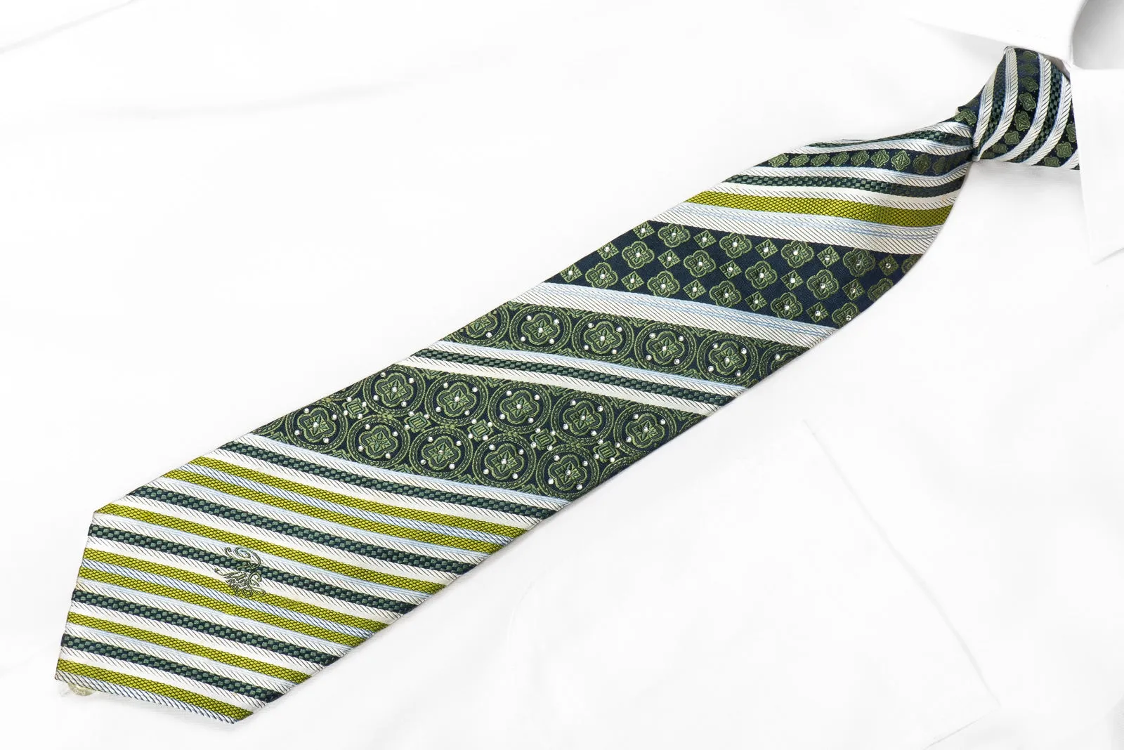 Nina Ricci Men's Crystal Rhinestone Silk Tie Silver Green Striped On Navy