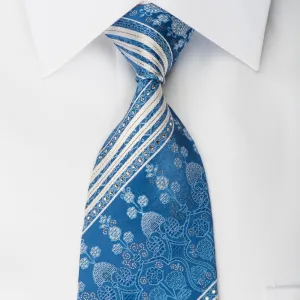 Nina Ricci Rhinestone Silk Necktie White Striped On Blue With Gold Sparkles