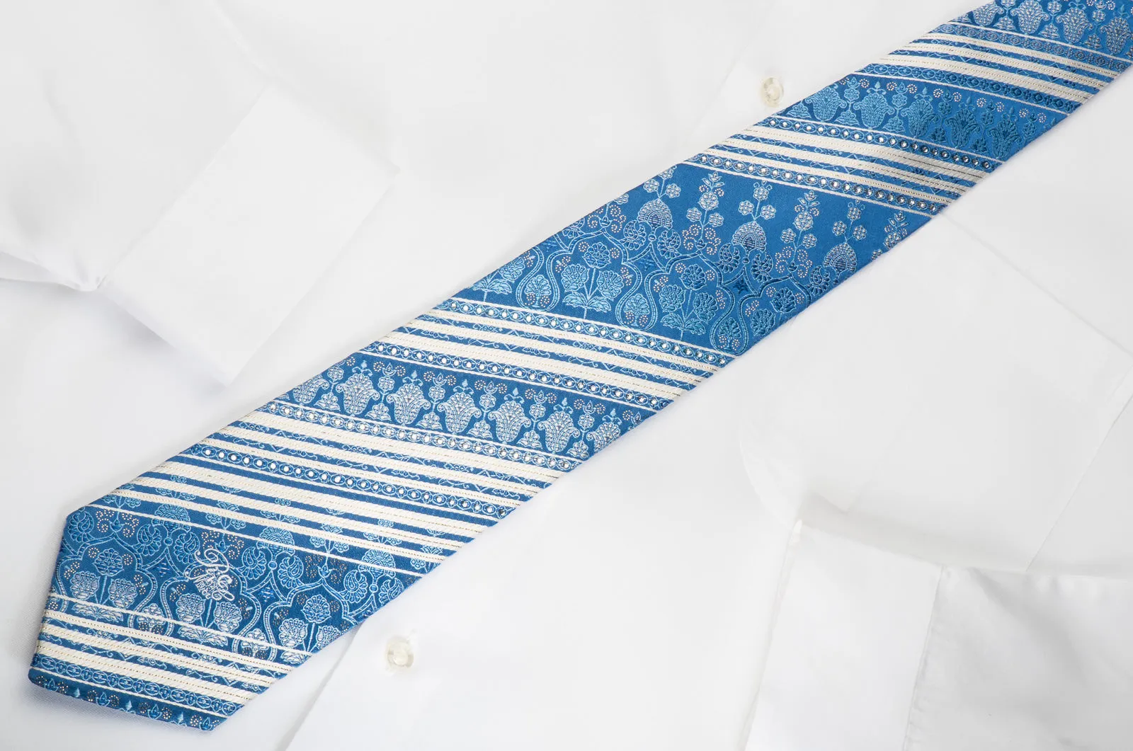 Nina Ricci Rhinestone Silk Necktie White Striped On Blue With Gold Sparkles