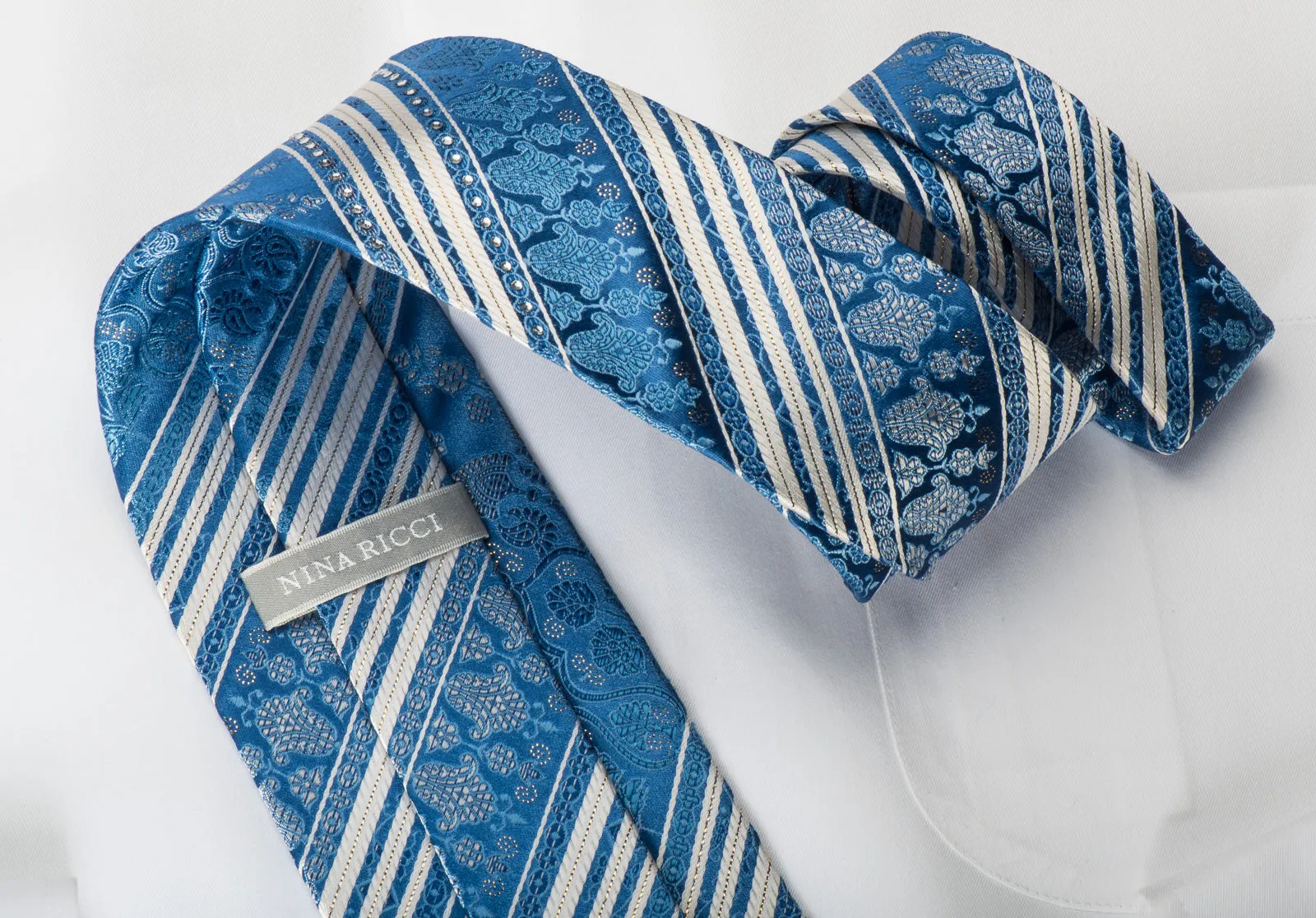 Nina Ricci Rhinestone Silk Necktie White Striped On Blue With Gold Sparkles