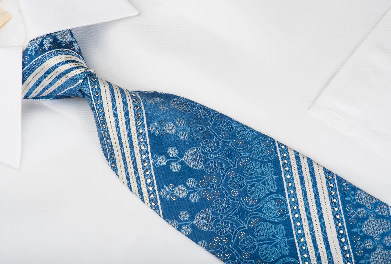 Nina Ricci Rhinestone Silk Necktie White Striped On Blue With Gold Sparkles