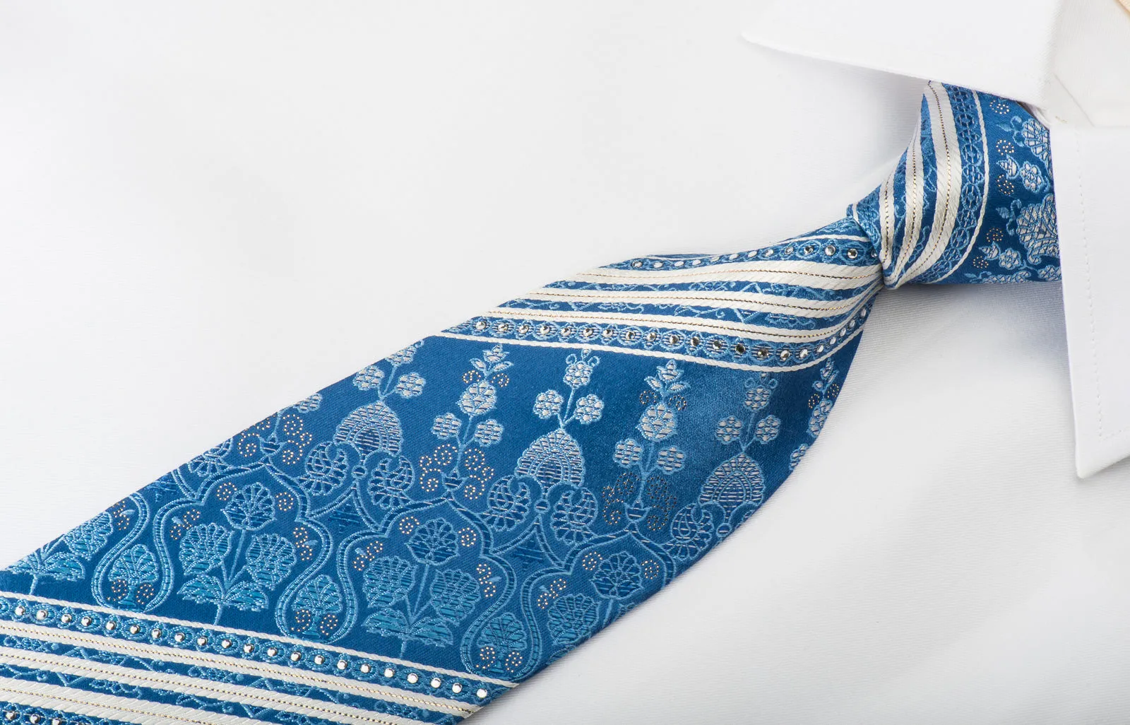 Nina Ricci Rhinestone Silk Necktie White Striped On Blue With Gold Sparkles