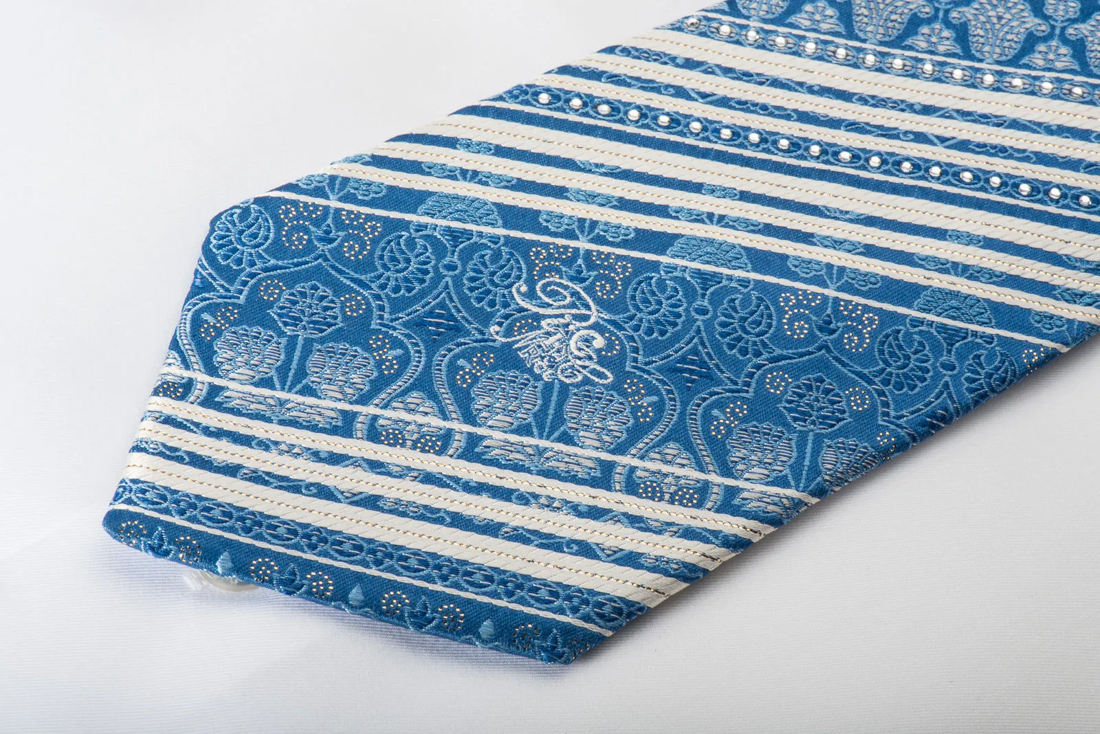 Nina Ricci Rhinestone Silk Necktie White Striped On Blue With Gold Sparkles