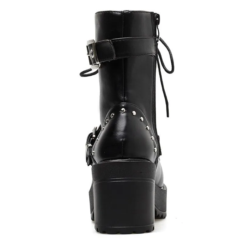 Punk Style Rivets Accented Zip-Up Vegan Leather Combat Boots